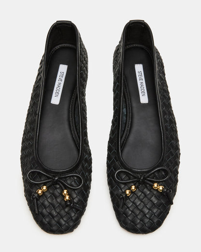 DIVY Black Leather Woven Bow Ballet Round-Toe Women's Flat