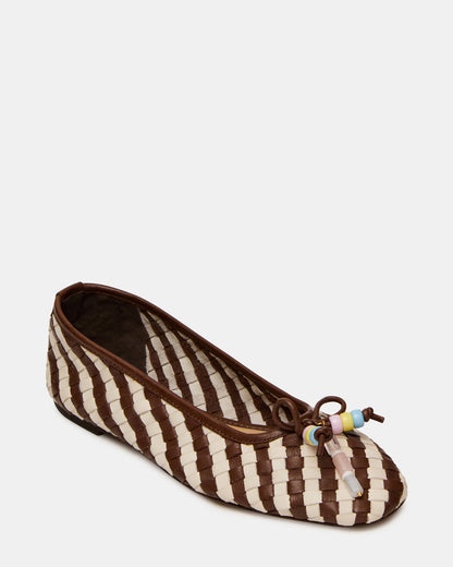 DIVY White/Brown Leather Woven Bow Ballet Round-Toe Women's Flat