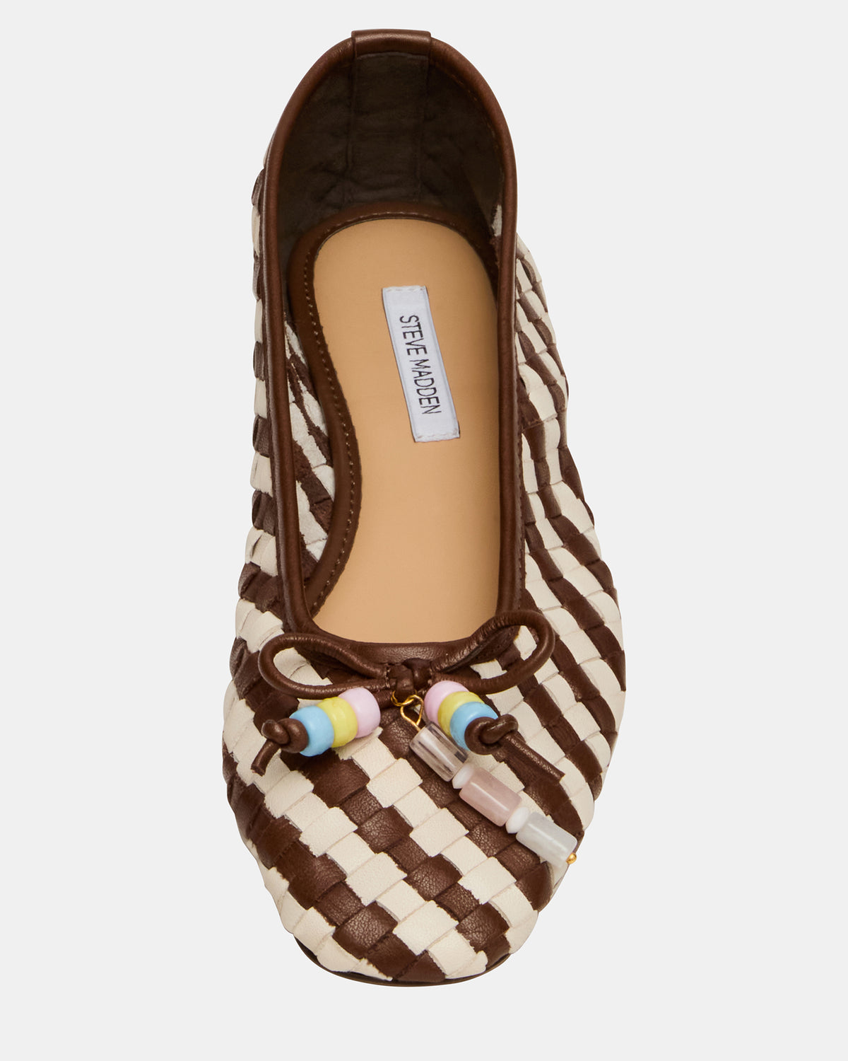 DIVY White/Brown Leather Woven Bow Ballet Round-Toe Women's Flat