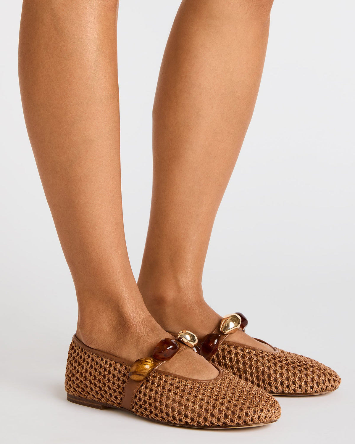POPPIN Brown Raffia Mary Jane Ballet Women's Flat