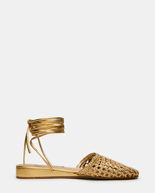 FLUTTER Gold Woven Mule Leg-Ties Strappy Women's Flat