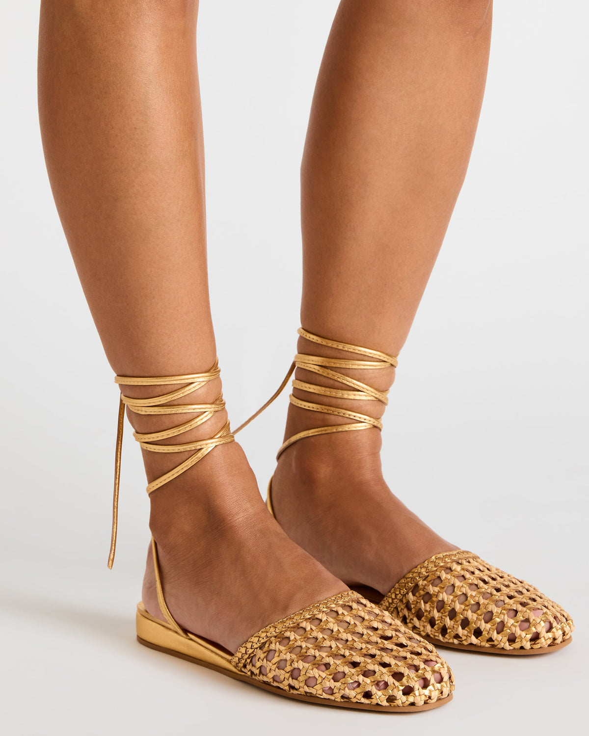 FLUTTER Gold Woven Mule Leg-Ties Strappy Women's Flat