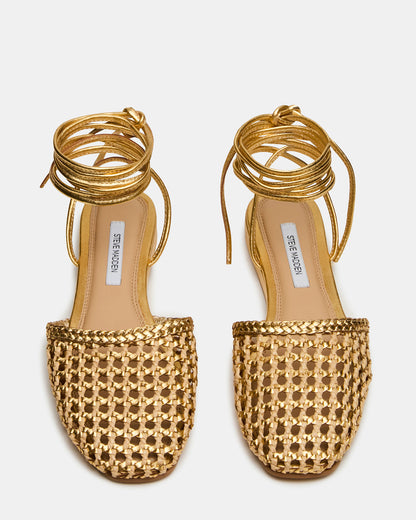 FLUTTER Gold Woven Mule Leg-Ties Strappy Women's Flat