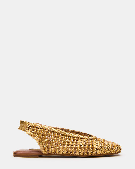 RUMI Gold Leather Woven Slingback Round-Toe Women's Flat