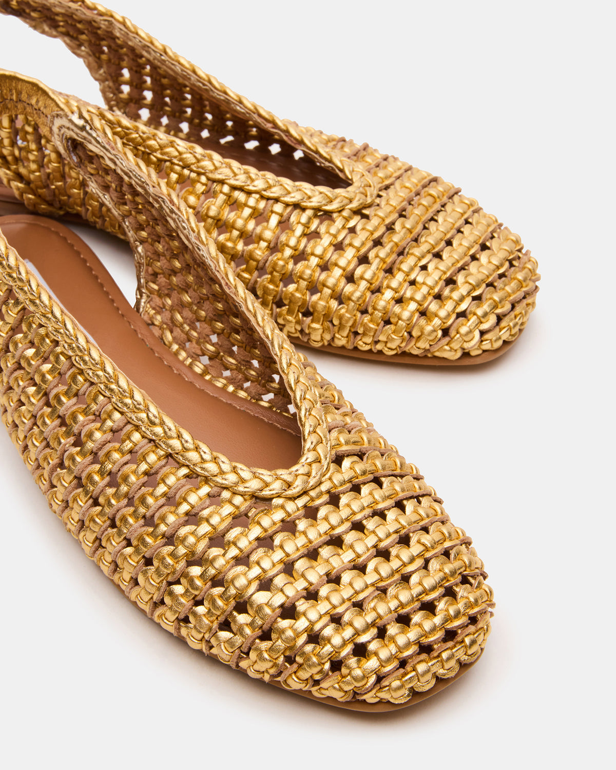 RUMI Gold Leather Woven Slingback Round-Toe Women's Flat
