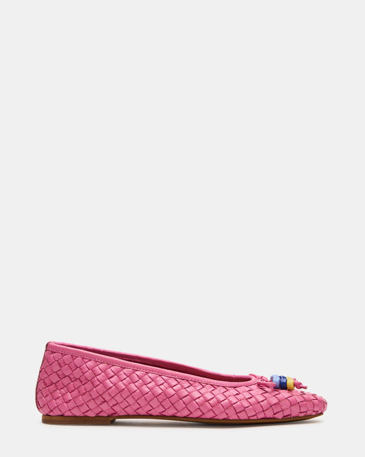 DIVY Pink Leather Woven Bow Ballet Round-Toe Women's Flat