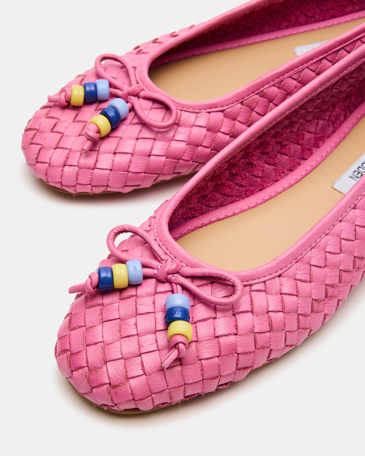DIVY Pink Leather Woven Bow Ballet Round-Toe Women's Flat