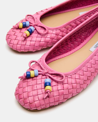 DIVY Pink Leather Woven Bow Ballet Round-Toe Women's Flat