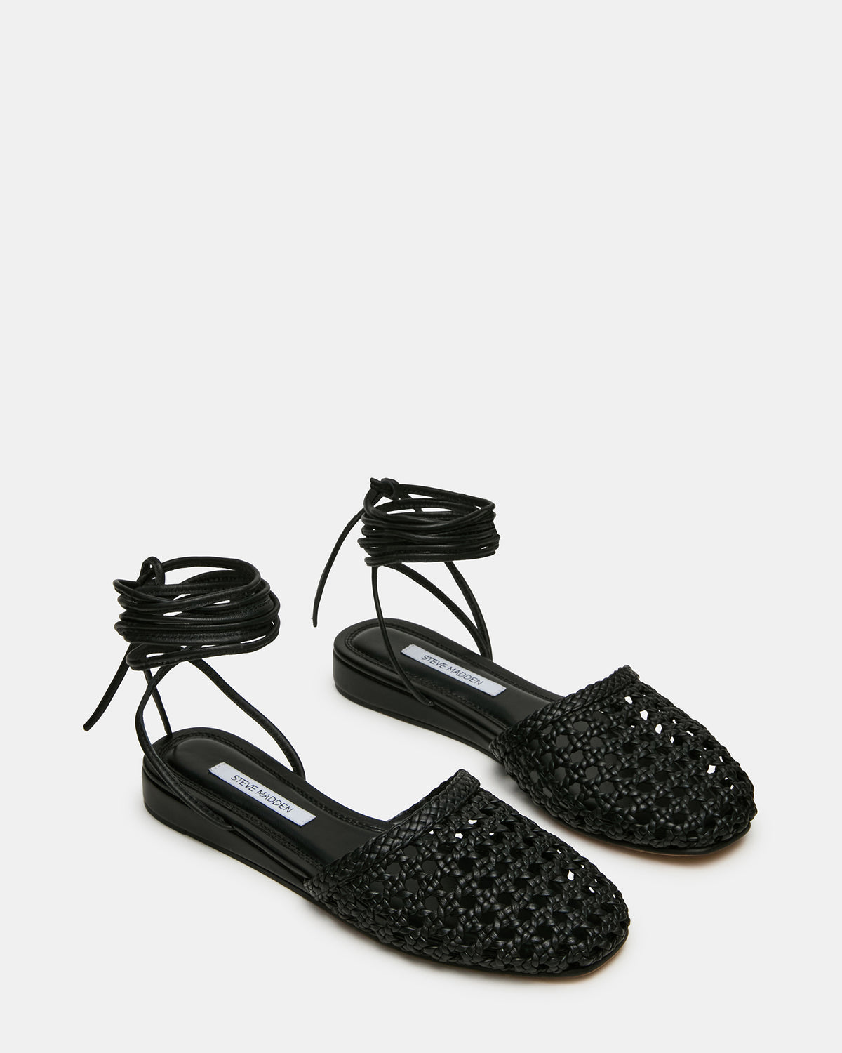 FLUTTER Black Leather Woven Mule Leg-Ties Strappy Women's Flat