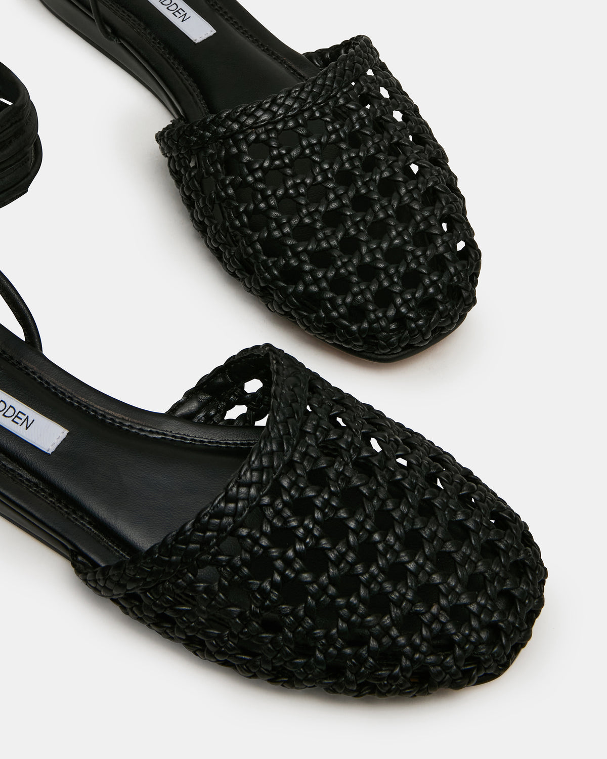 FLUTTER Black Leather Woven Mule Leg-Ties Strappy Women's Flat