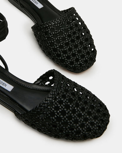FLUTTER Black Leather Woven Mule Leg-Ties Strappy Women's Flat