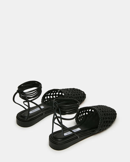 FLUTTER Black Leather Woven Mule Leg-Ties Strappy Women's Flat