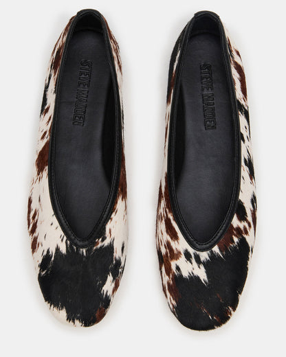 LENI Brown Cow Print Square-Toe Ballet Women's Flat