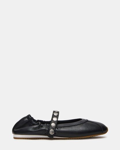 ANAYA Black Leather Studs Mary Jane Ballet Women's Flat