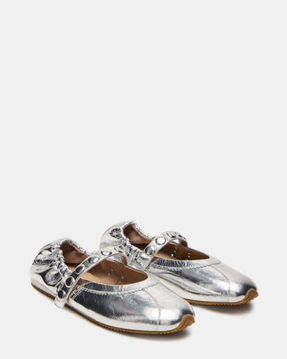 ANAYA Silver Leather Studs Mary Jane Ballet Women's Flat