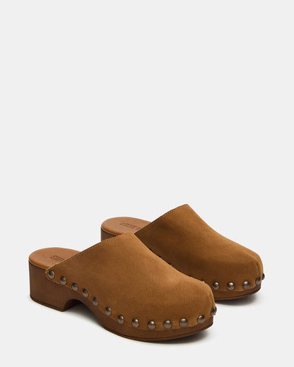 DANVER Chestnut Suede Studded Slip-On Mule Clog Women's Flat