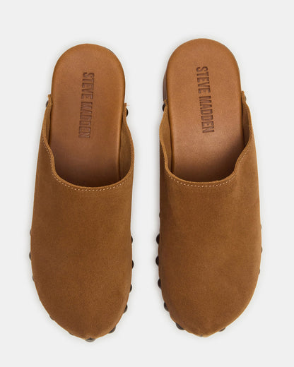 DANVER Chestnut Suede Studded Slip-On Mule Clog Women's Flat