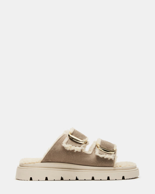 SNUGGLE Sand Suede Faux Fur Slide | Women's Flats