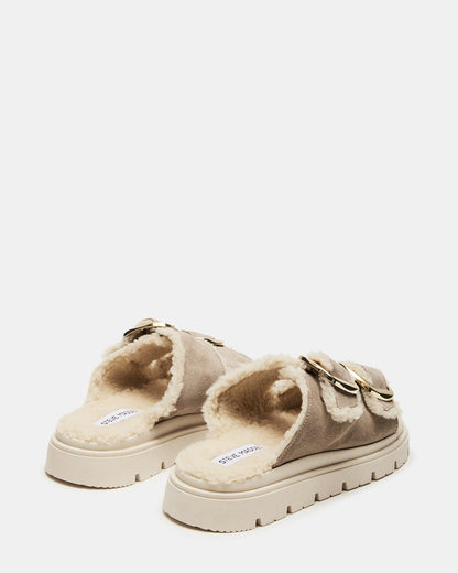 SNUGGLE Sand Suede Faux Fur Slide | Women's Flats