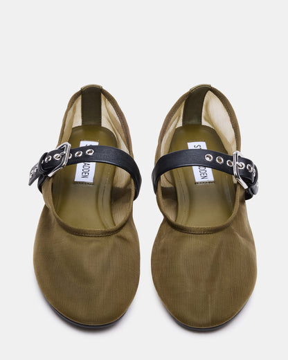 MITSY Olive/Black Mary Jane Mesh Ballet Women's Flat