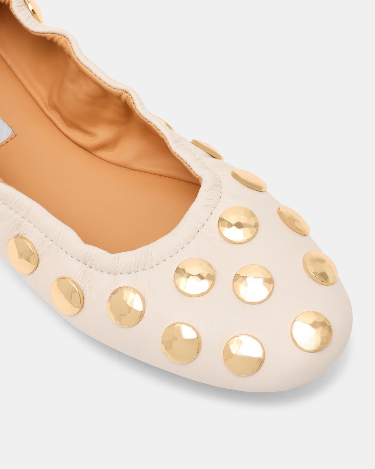 LANTA White Leather Studded Gold-Detail Round-Toe Women's Flat