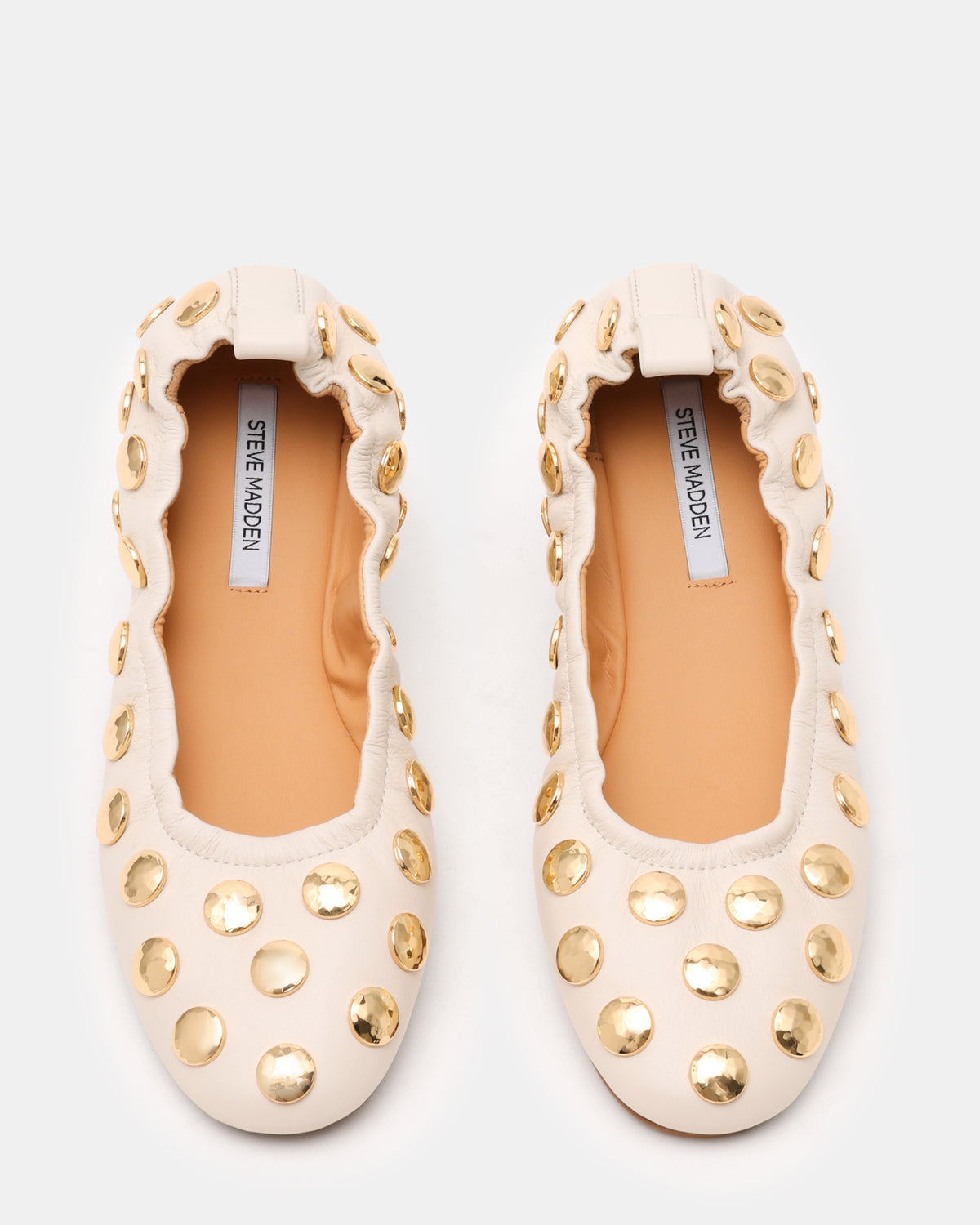 LANTA White Leather Studded Gold-Detail Round-Toe Women's Flat