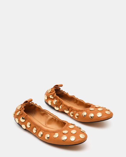 LANTA Tan Leather Studded Gold-Detail Round-Toe Women's Flat