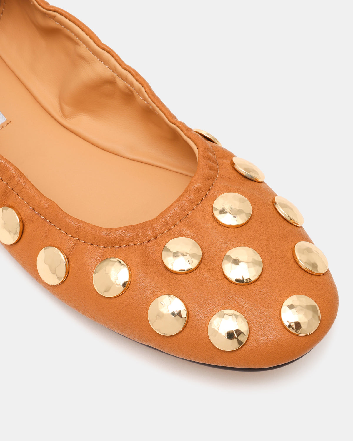 LANTA Tan Leather Studded Gold-Detail Round-Toe Women's Flat