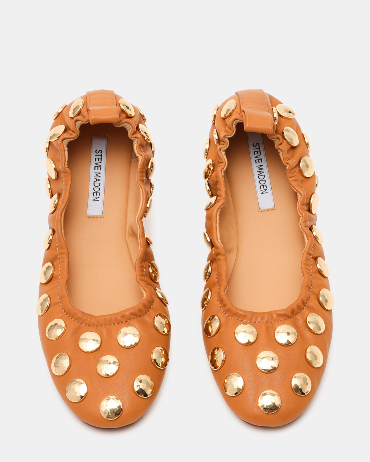 LANTA Tan Leather Studded Gold-Detail Round-Toe Women's Flat