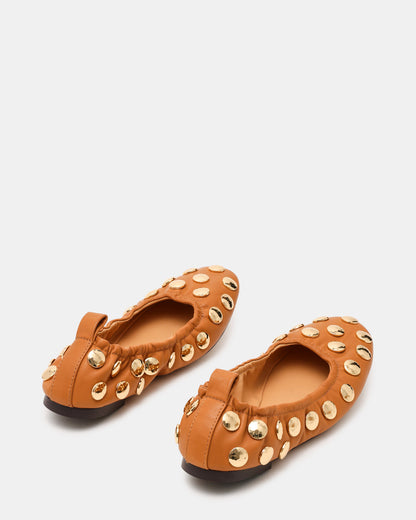 LANTA Tan Leather Studded Gold-Detail Round-Toe Women's Flat