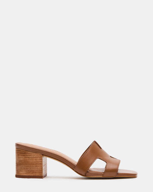 HANA Cognac Leather Square-Toe Mule Block Heel Women's Sandal