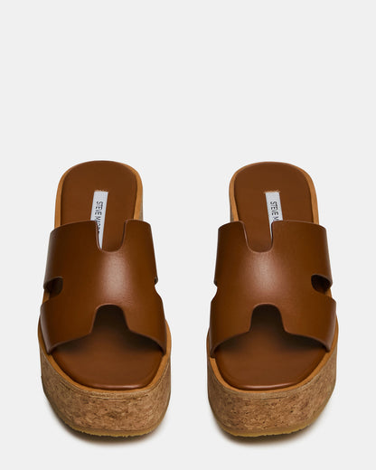 HARMONY Cognac Leather Wedge Mule Cork Platform Women's Sandal