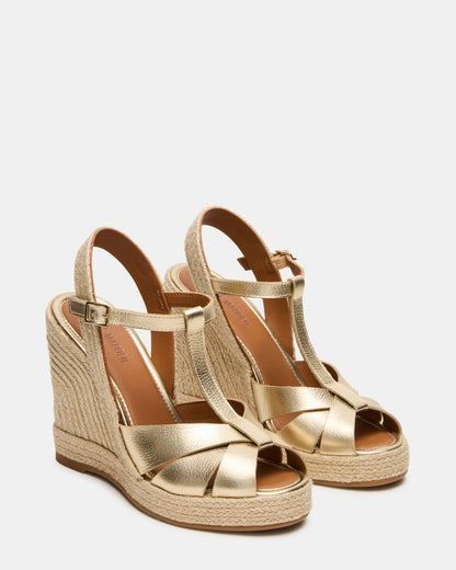 THELMA Gold Leather Espadrille Wedge Ankle Strap Women's Sandal