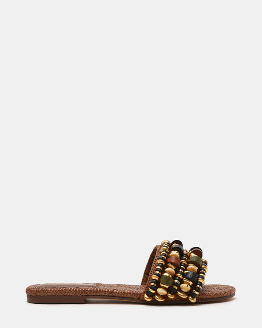 MARIKA Beads Brown Raffia Round-Toe Slide Women's Sandal