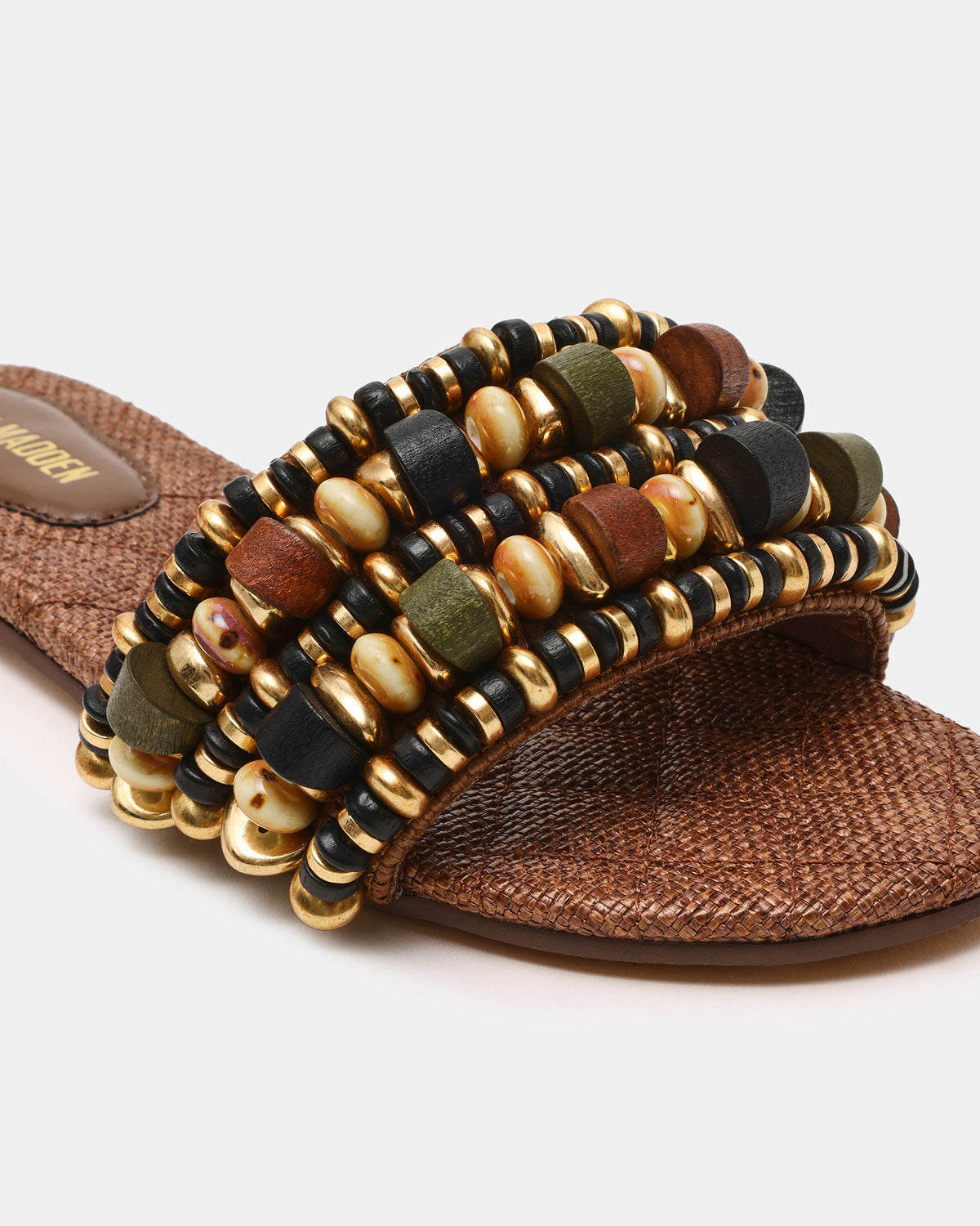 MARIKA Beads Brown Raffia Round-Toe Slide Women's Sandal