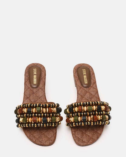 MARIKA Beads Brown Raffia Round-Toe Slide Women's Sandal