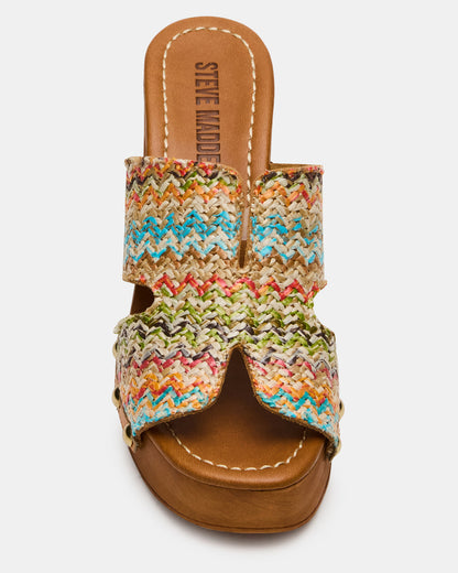 SUNKISSED Multi Raffia Platform Block Heel Studded Women's Sandal