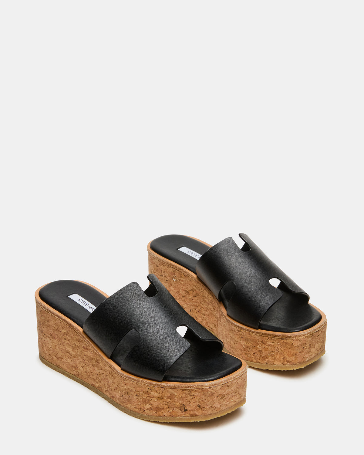 HARMONY Black Leather Wedge Mule Cork Platform Women's Sandal