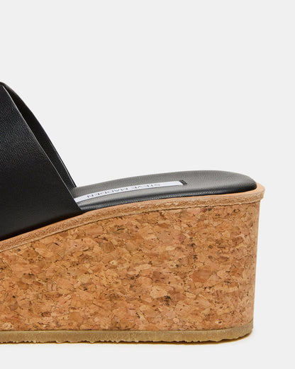 HARMONY Black Leather Wedge Mule Cork Platform Women's Sandal