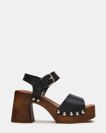 JEMMA Black Leather Square-Toe Wood Bottom Block Heel Women's Sandal