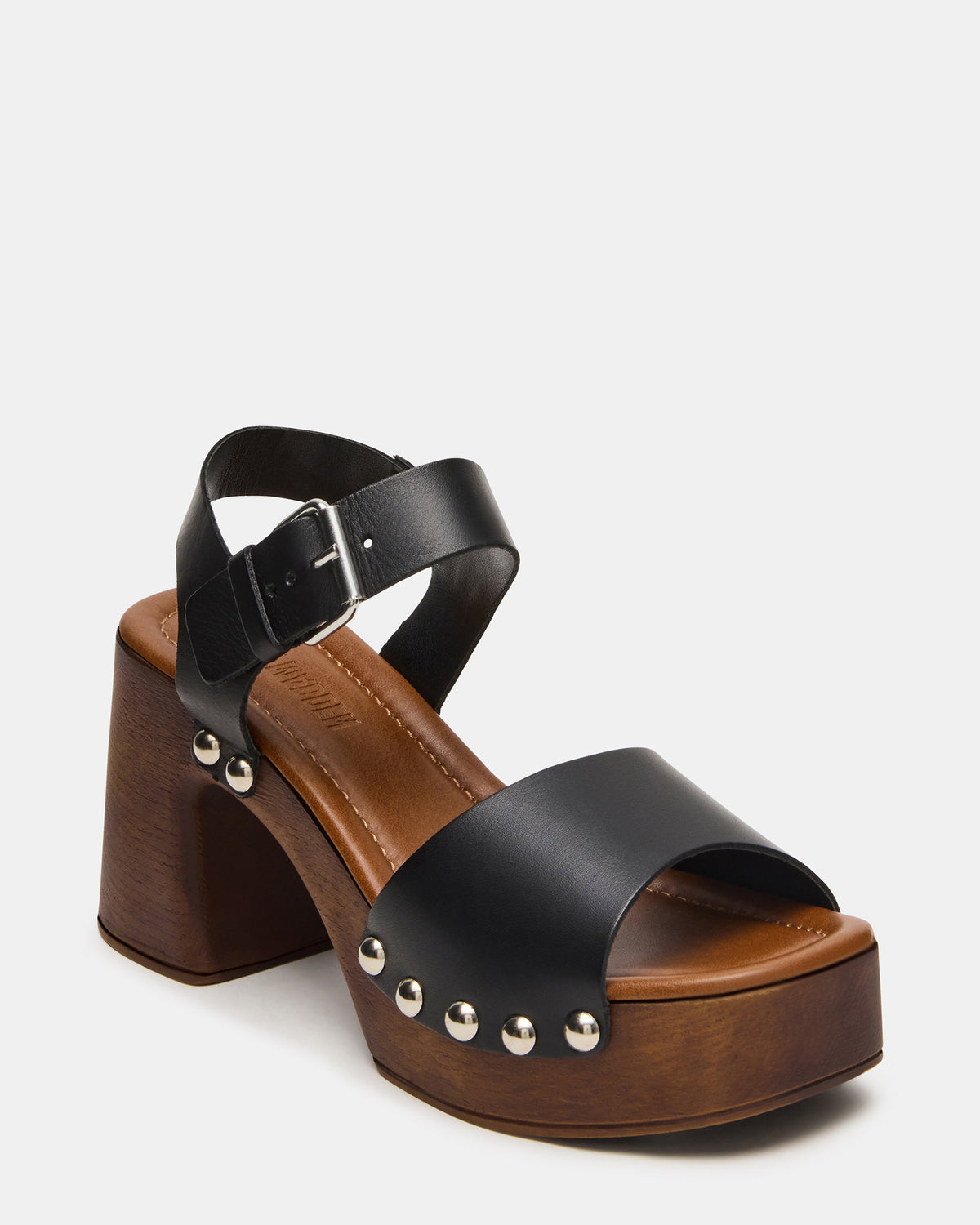 JEMMA Black Leather Square-Toe Wood Bottom Block Heel Women's Sandal