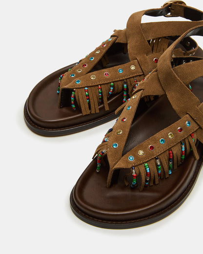WENDELL Chestnut Suede Beaded Flatform Footbed Strappy Fringe Women's Sandal