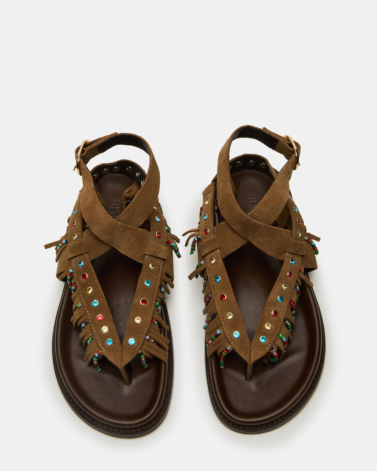 WENDELL Chestnut Suede Beaded Flatform Footbed Strappy Fringe Women's Sandal