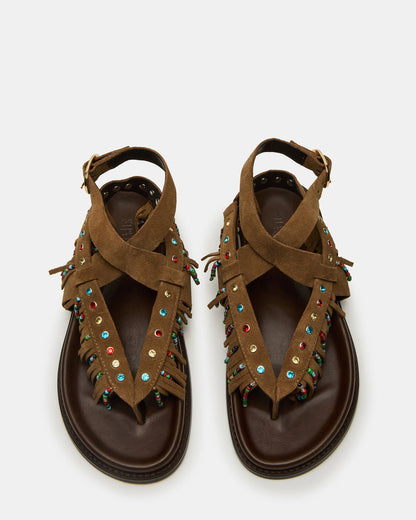 WENDELL Chestnut Suede Beaded Flatform Footbed Strappy Fringe Women's Sandal