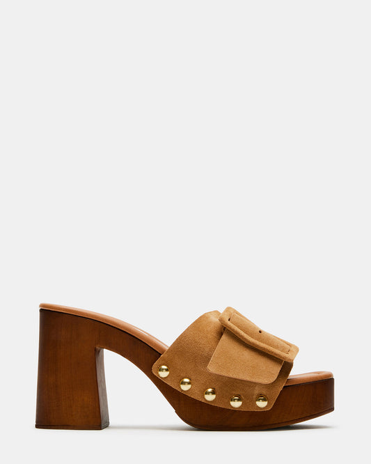 MARLENA Sand Suede Women's Wood Bottom Mule Platform Heel