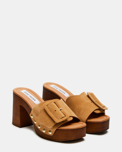 MARLENA Sand Suede Women's Wood Bottom Mule Platform Heel