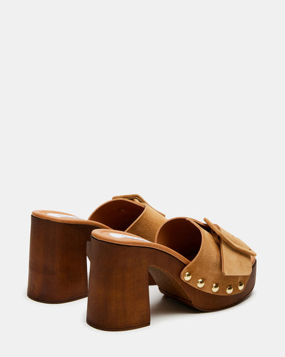 MARLENA Sand Suede Women's Wood Bottom Mule Platform Heel