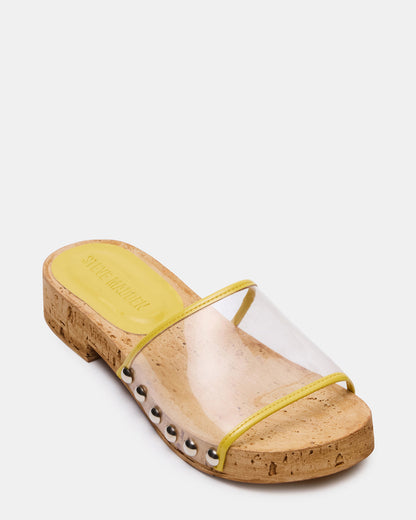 CLEMENT Yellow Wood Bottom Slide Mule Studded Women's Sandal