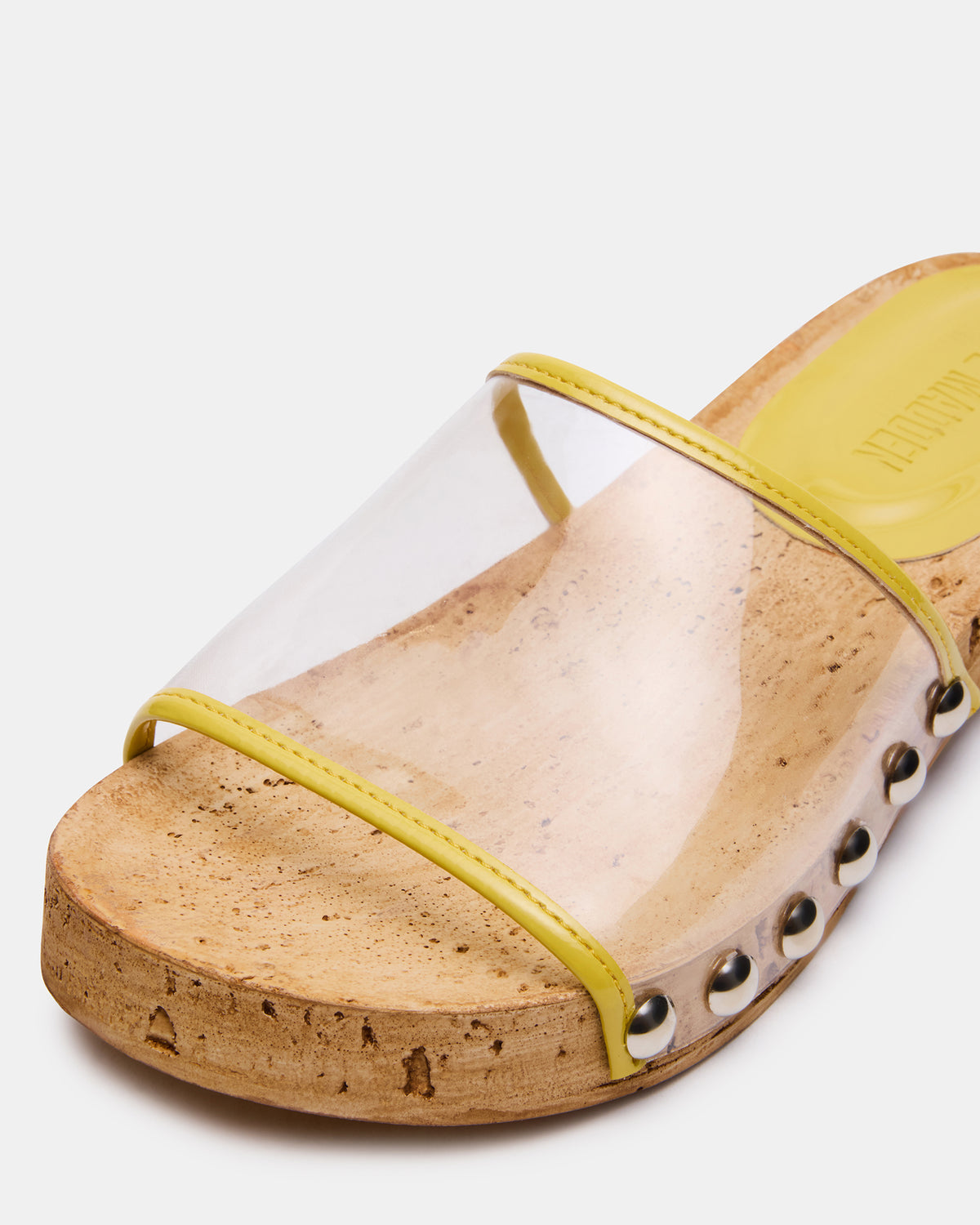 CLEMENT Yellow Wood Bottom Slide Mule Studded Women's Sandal