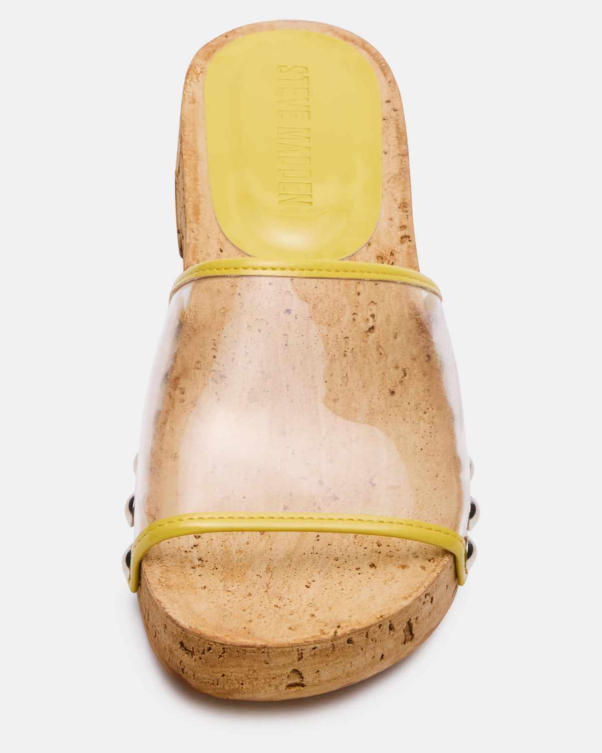 CLEMENT Yellow Wood Bottom Slide Mule Studded Women's Sandal